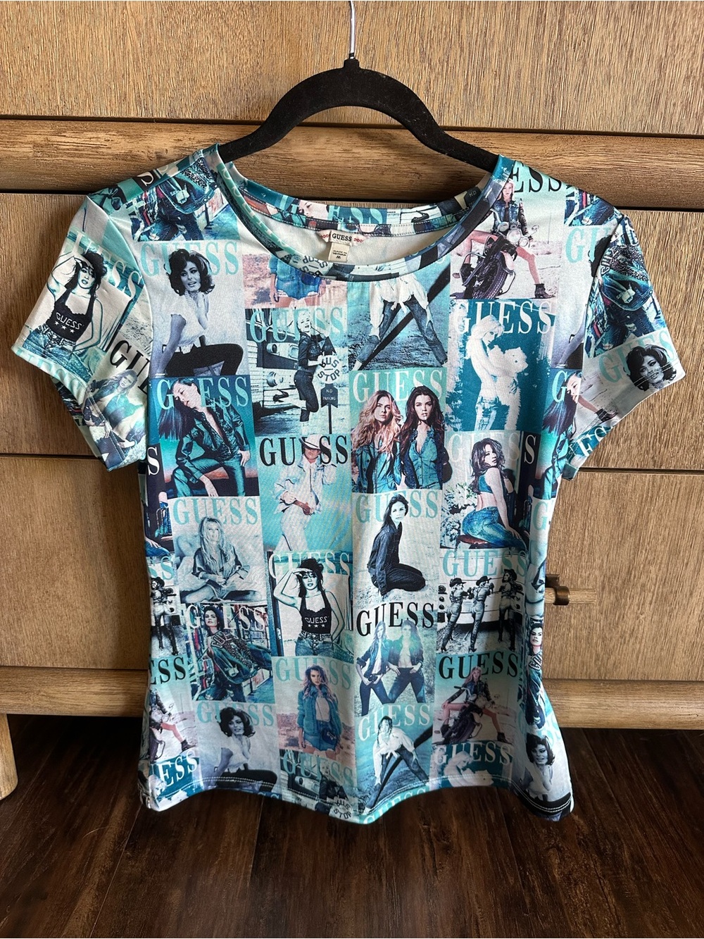 GUESS Women's Short Sleeve Graphic Tee in Teal and White Photo-Collage